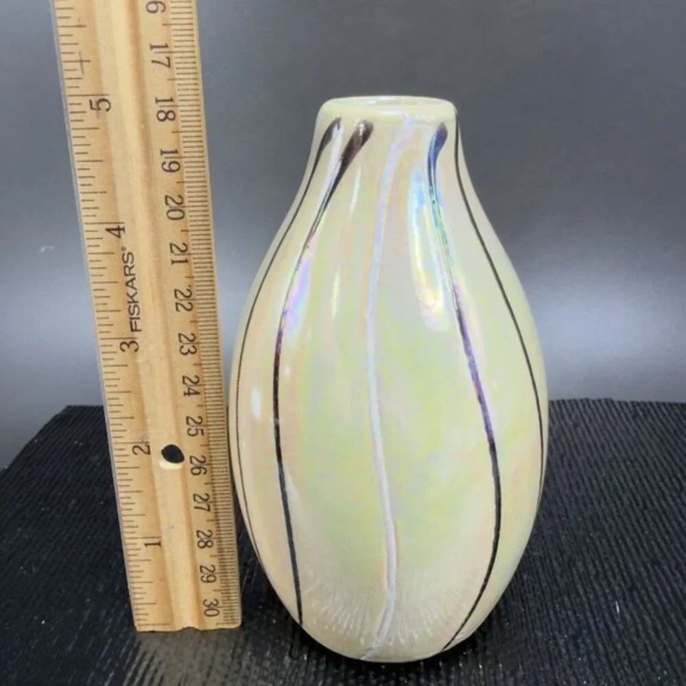 Vintage Ceramic Bud Vase With Yellow Shiny Iridescent‎ Finish Black White Lines